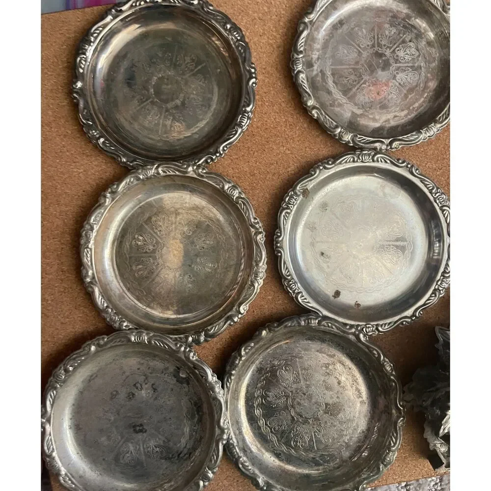 Vintage Silver Plated Grape Vine Coasters & Holder Set of 9, 1 New Scalloped 4
